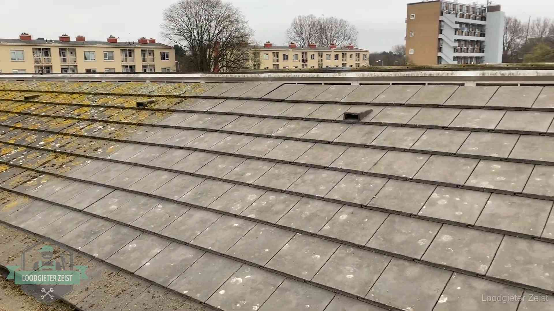 Schuin dak met betonpannen vol mos in Zeist, een risico op lekkage bij de pannen